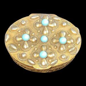 Antique Gold-Tone Brass Trinket Box With Turquoise Accents & Floral Design